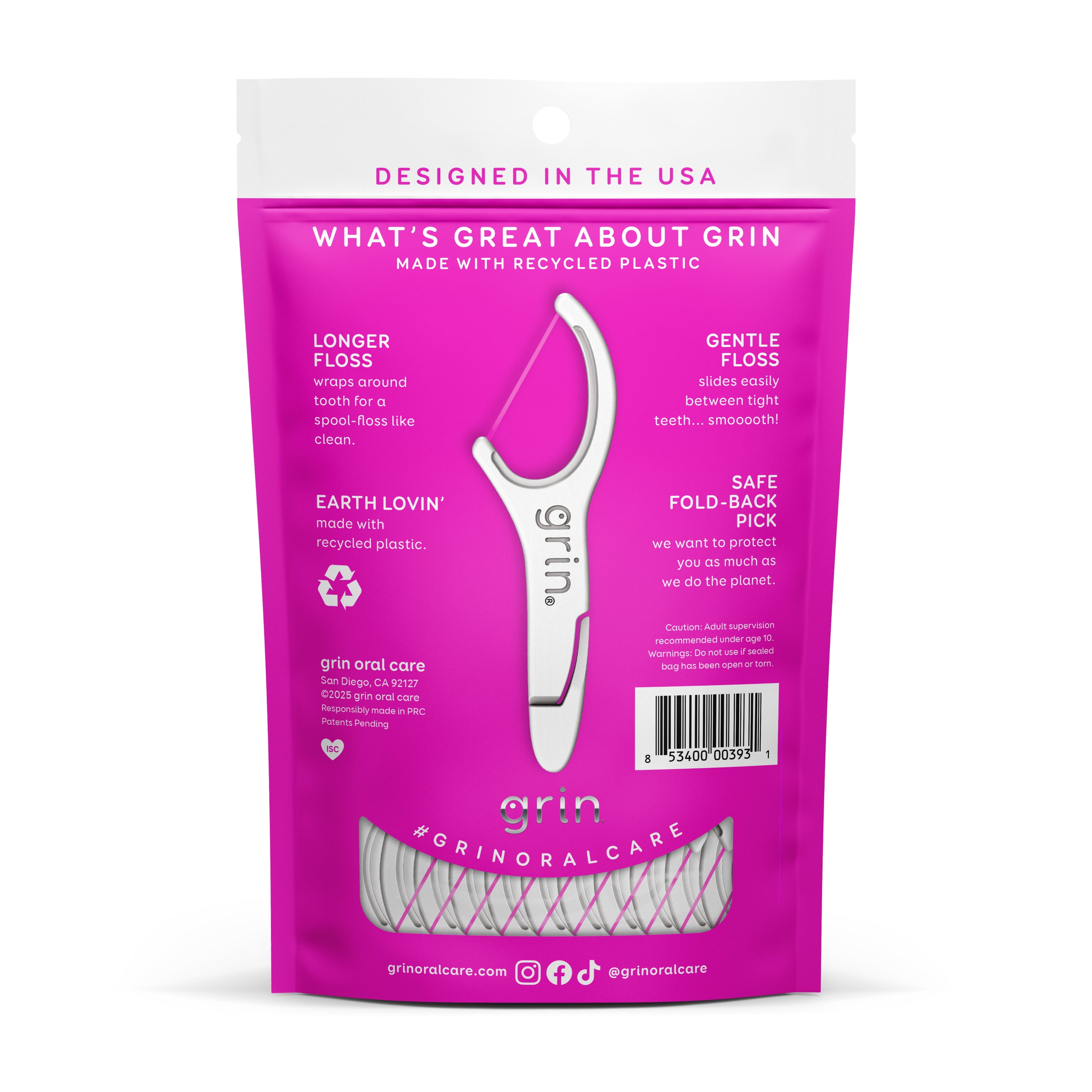 Grin Smooth Flosspyx - 75 Ct - Dental Floss Picks, Flossers, Made with Recycled Plastic, Gentle Floss Tape, Slides Easily between Tight Teeth, Longer Floss, Safe Fold-Back Pick, Minty Fresh