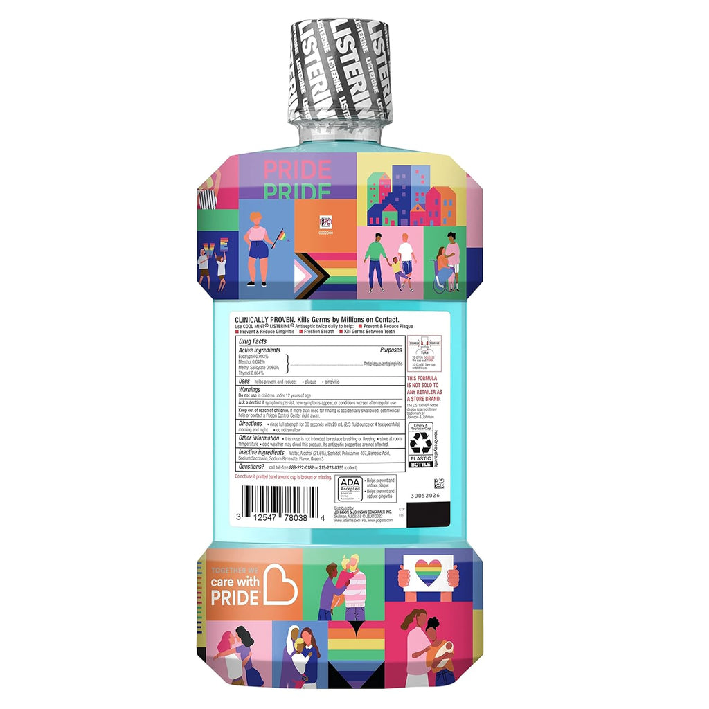 Cool Mint Antiseptic Mouthwash to Kill 99% of Germs That Cause Bad Breath, Plaque and Gingivitis, Cool Mint Flavor, Special Care with Pride Packaging, 1 L