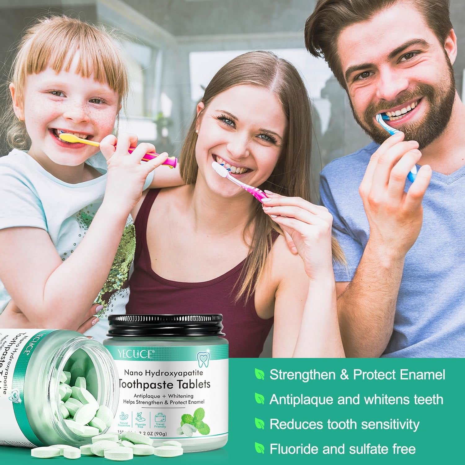 Toothpaste Tablets,150 Nano Hydroxyapatite Toothpaste Tablets, Chewable Xylitol Toothpaste Tablets, Fluoride-Free - Natural Whitening Remineralizing Travel-Friendly Eco Tabs, Peppermint
