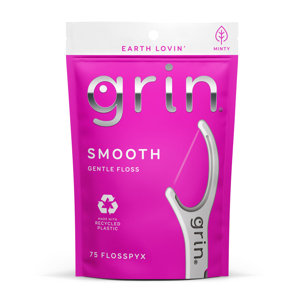 Grin Smooth Flosspyx - 75 Ct - Dental Floss Picks, Flossers, Made with Recycled Plastic, Gentle Floss Tape, Slides Easily between Tight Teeth, Longer Floss, Safe Fold-Back Pick, Minty Fresh