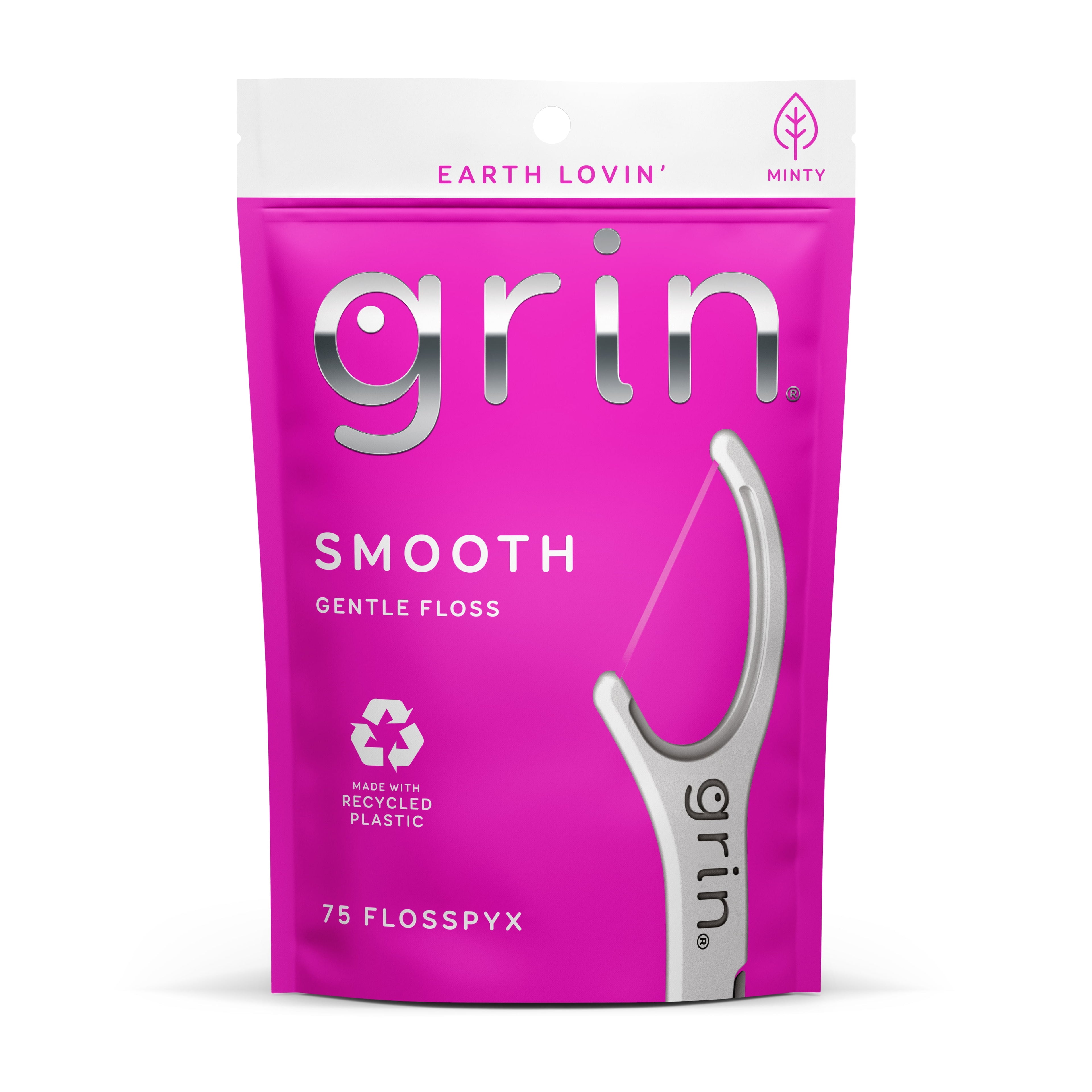Grin Smooth Flosspyx - 75 Ct - Dental Floss Picks, Flossers, Made with Recycled Plastic, Gentle Floss Tape, Slides Easily between Tight Teeth, Longer Floss, Safe Fold-Back Pick, Minty Fresh