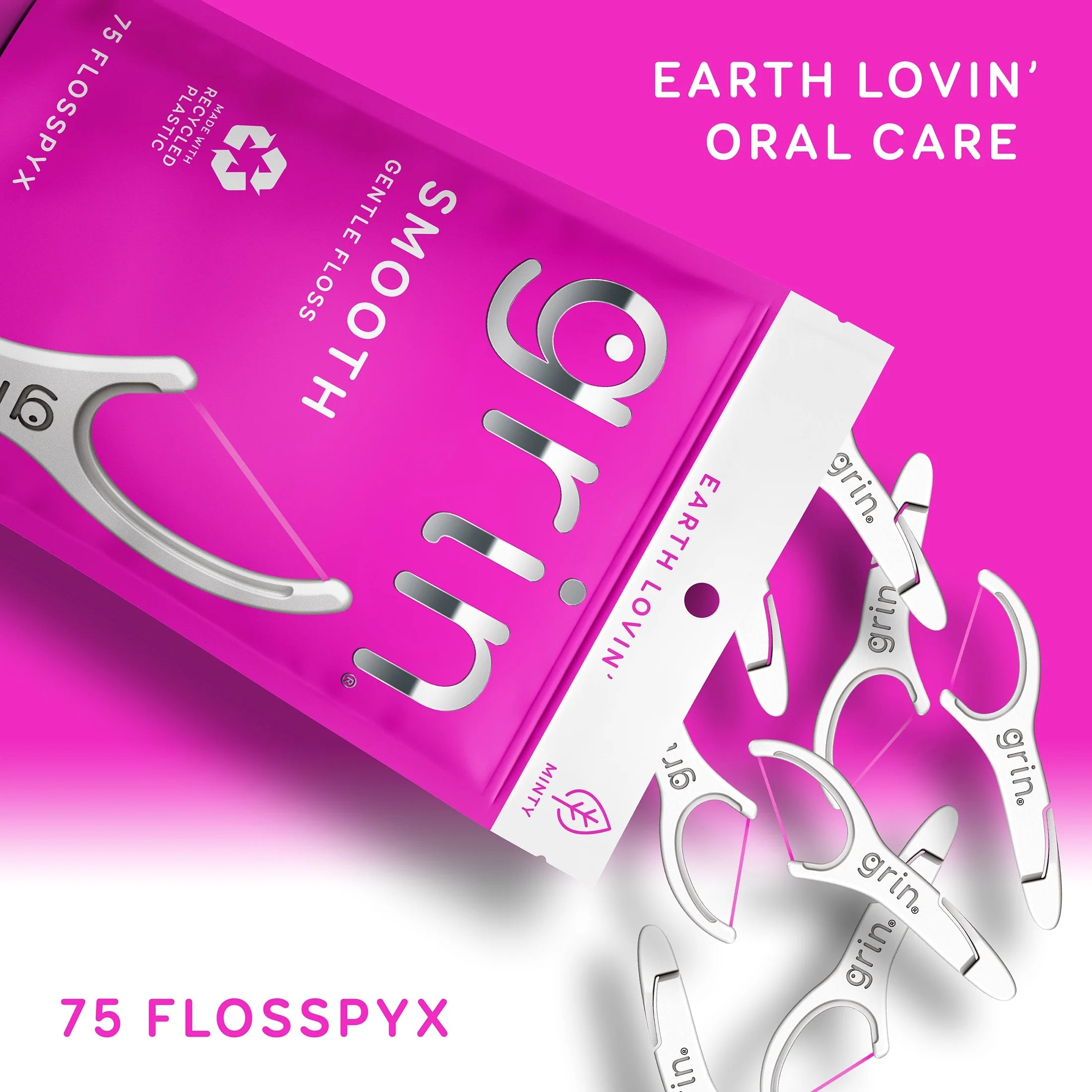 Grin Smooth Flosspyx - 75 Ct - Dental Floss Picks, Flossers, Made with Recycled Plastic, Gentle Floss Tape, Slides Easily between Tight Teeth, Longer Floss, Safe Fold-Back Pick, Minty Fresh