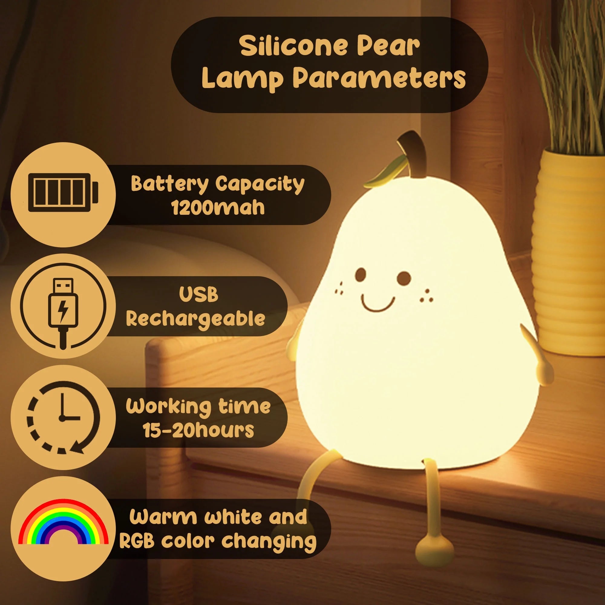 Kids Night Light – Baby Pear Night Light for Nursery Decor, Kids Bedroom Color-Changing Silicone Nursery Lamp – Dimmable Battery Powered Pear Lamp
