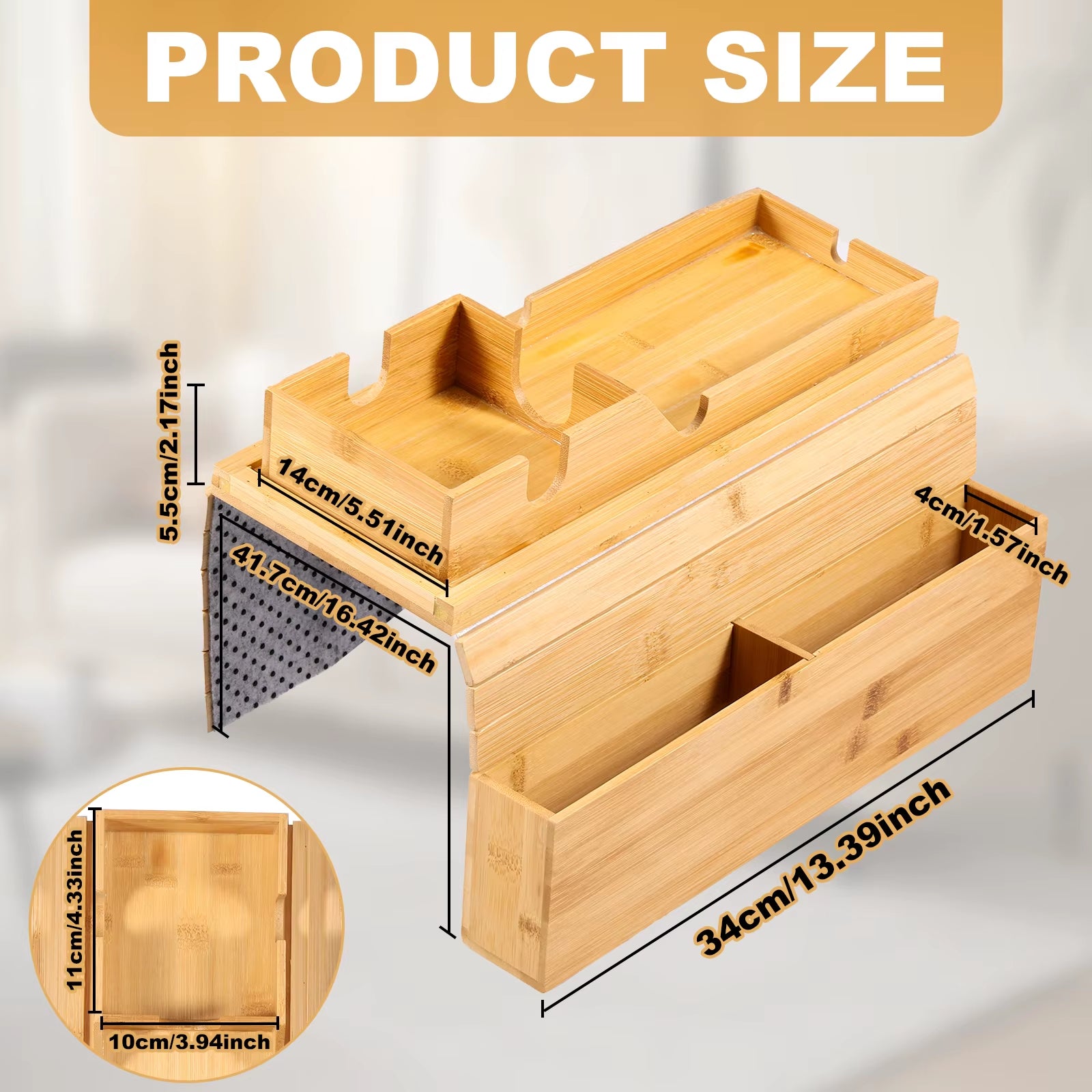 Bamboo Couch Cup Holder Anti-Slip Sofa Armrest Tray Foldable Multifunctional Sofa Cup Holder for Remote Control Cups Snack