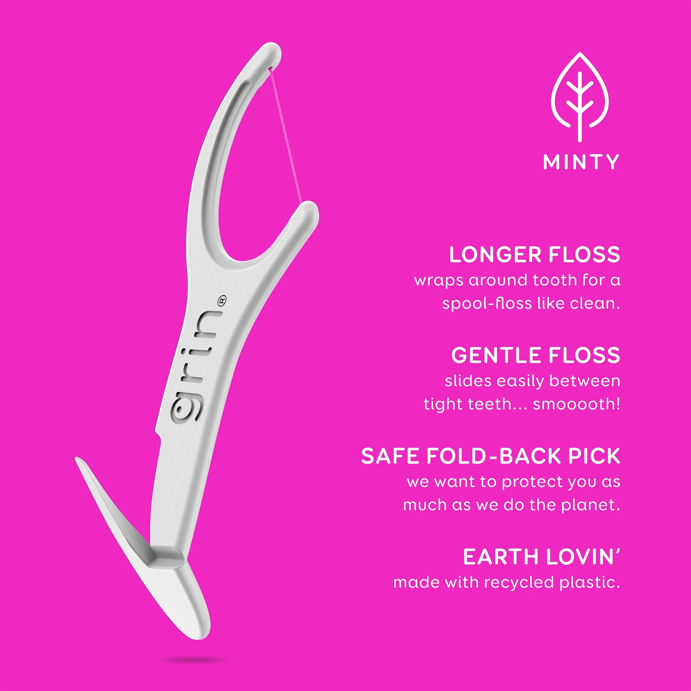 Grin Smooth Flosspyx - 75 Ct - Dental Floss Picks, Flossers, Made with Recycled Plastic, Gentle Floss Tape, Slides Easily between Tight Teeth, Longer Floss, Safe Fold-Back Pick, Minty Fresh