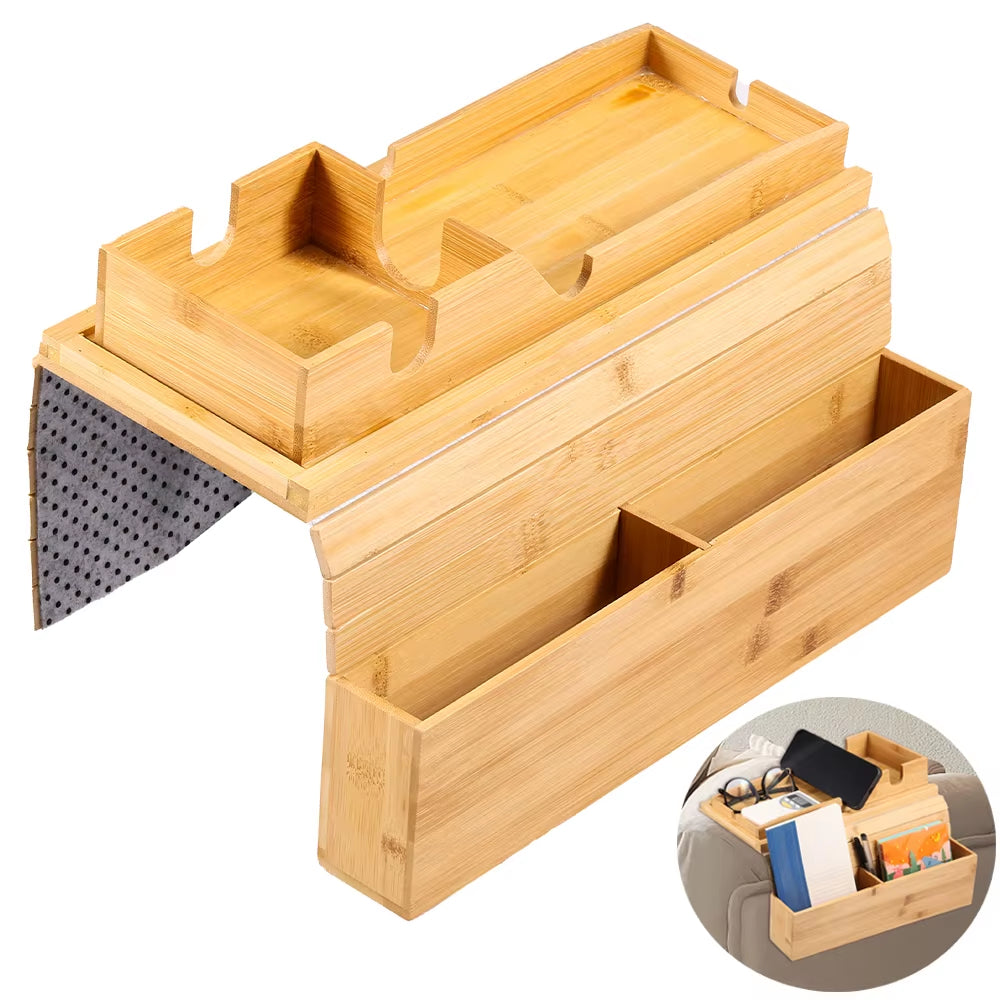 Bamboo Couch Cup Holder Anti-Slip Sofa Armrest Tray Foldable Multifunctional Sofa Cup Holder for Remote Control Cups Snack
